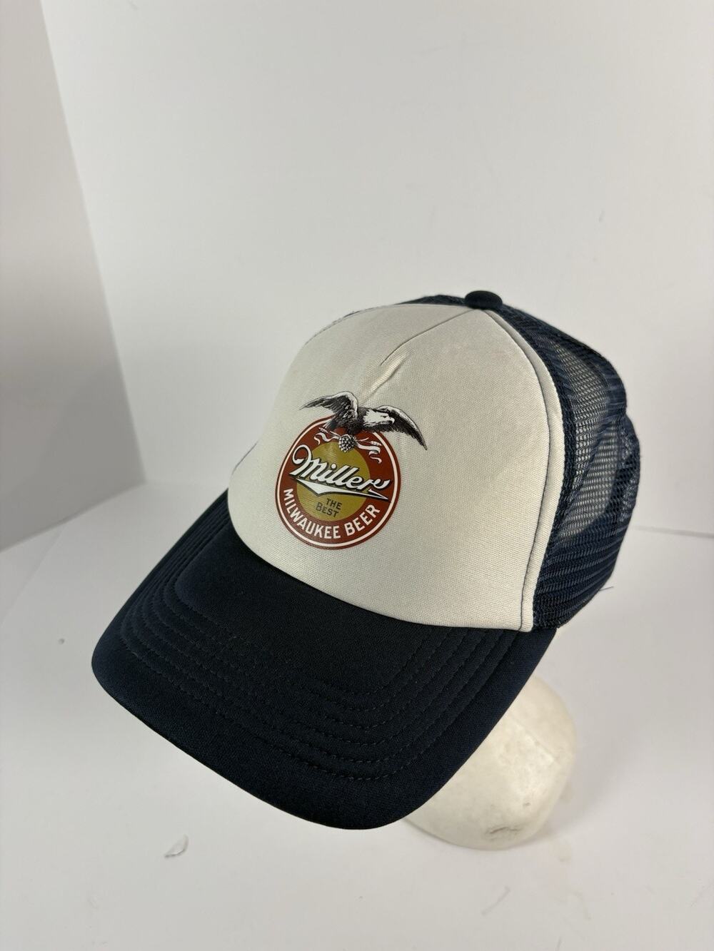 Lucky Brand Miller High Life Beer Trucker Snapback Hat Navy White Adult Cap